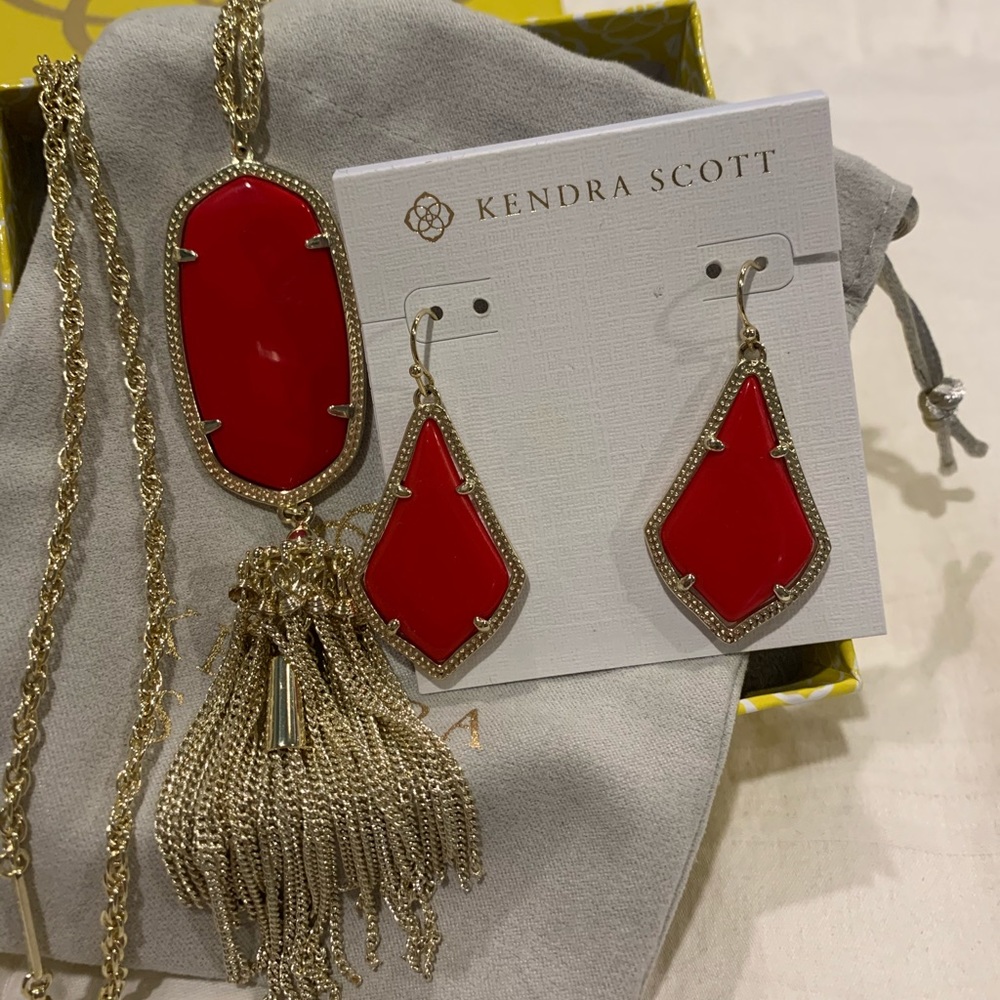 Kendra Scott set: bright red Alex earrings & Rayne
